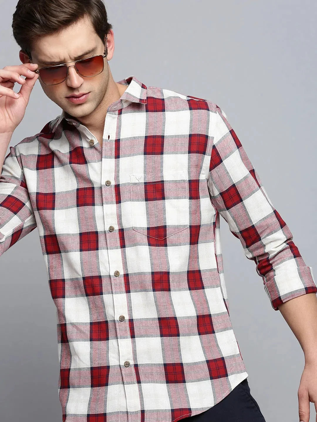 Shop Beige Checked Mens Shirt - Cotton Casual Shirt | DesiQlo