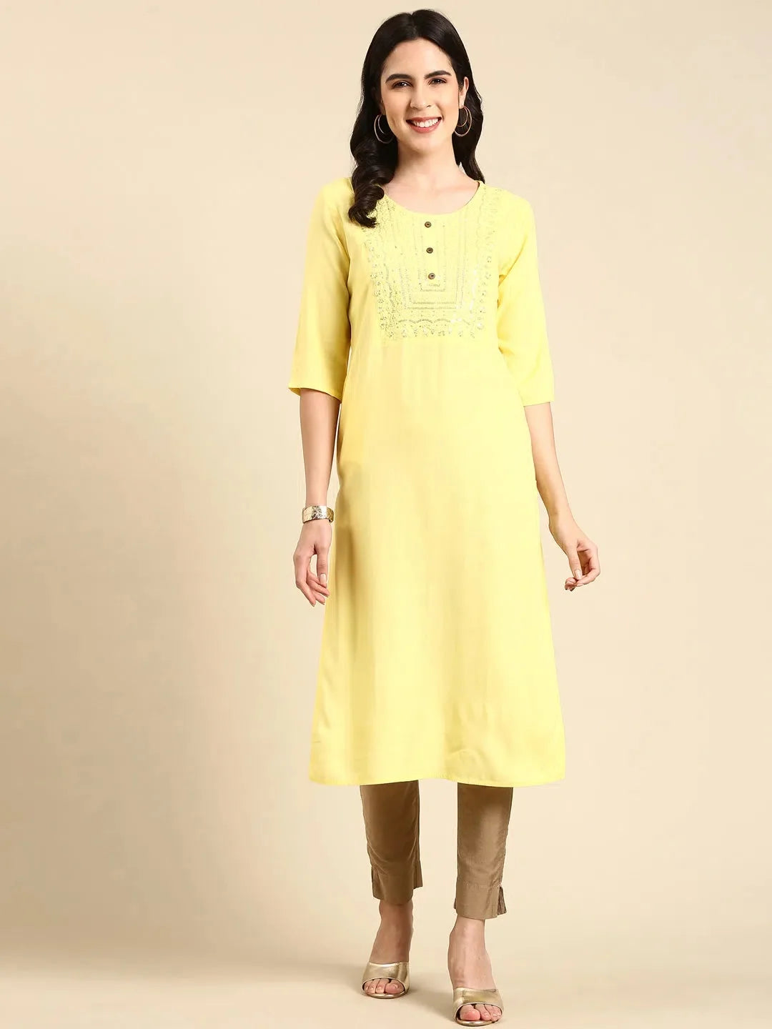 Yellow Embellished Kurta - Women's Cotton Indian Kurtis Style