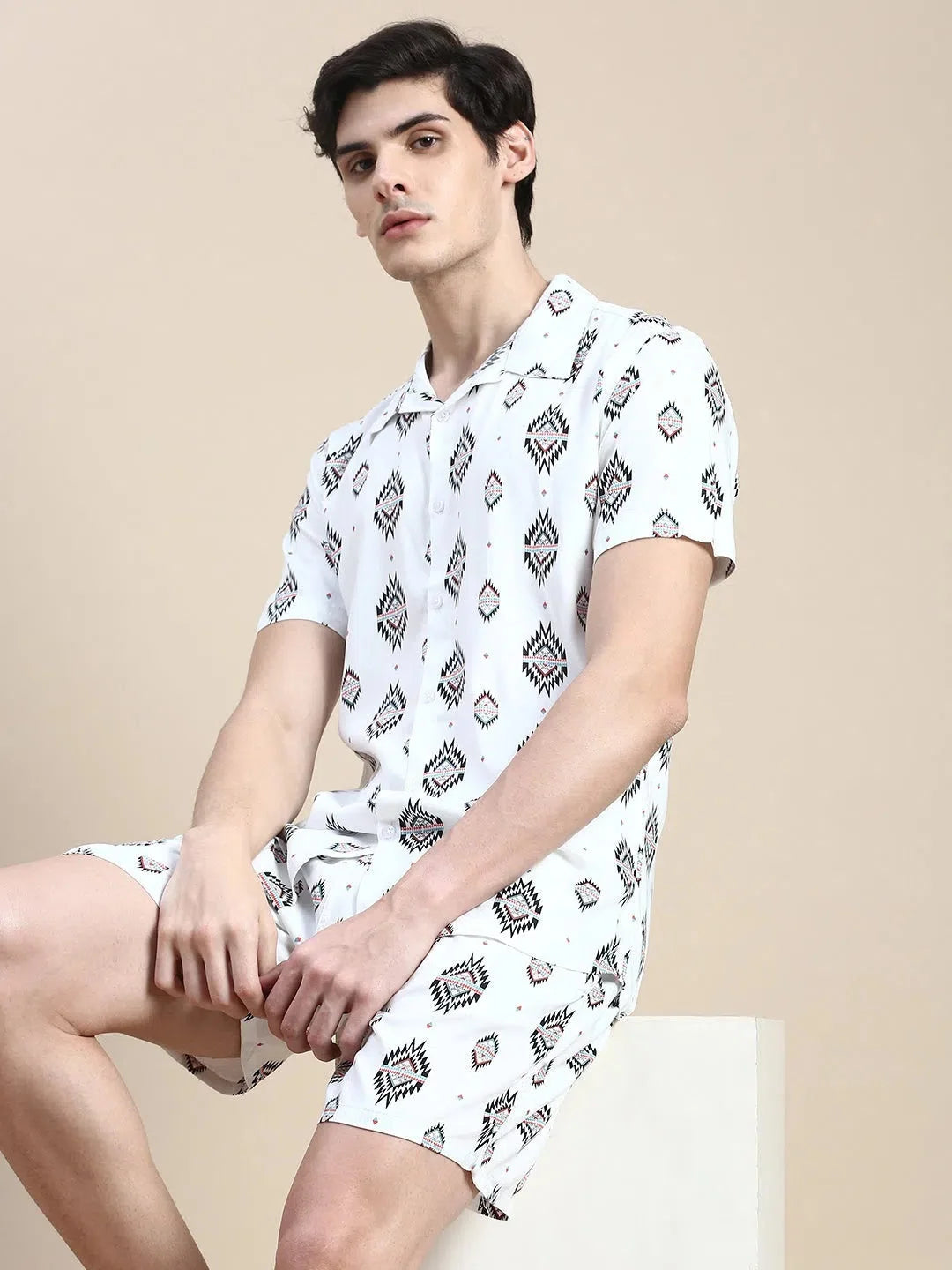 Men's White Printed Casual Co ord Sets | Cotton Two Piece Sets