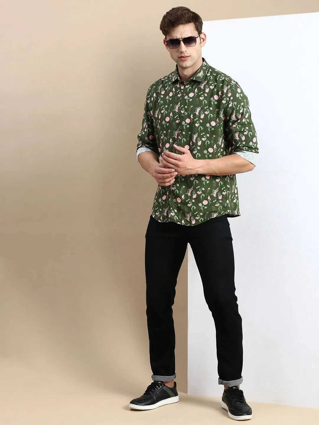 Olive Printed Mens Shirt - DesiQlo Cotton Casual Shirts