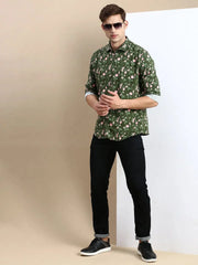 Men Green Printed Casual Shirt-GURJANPRINT-5420-Olive