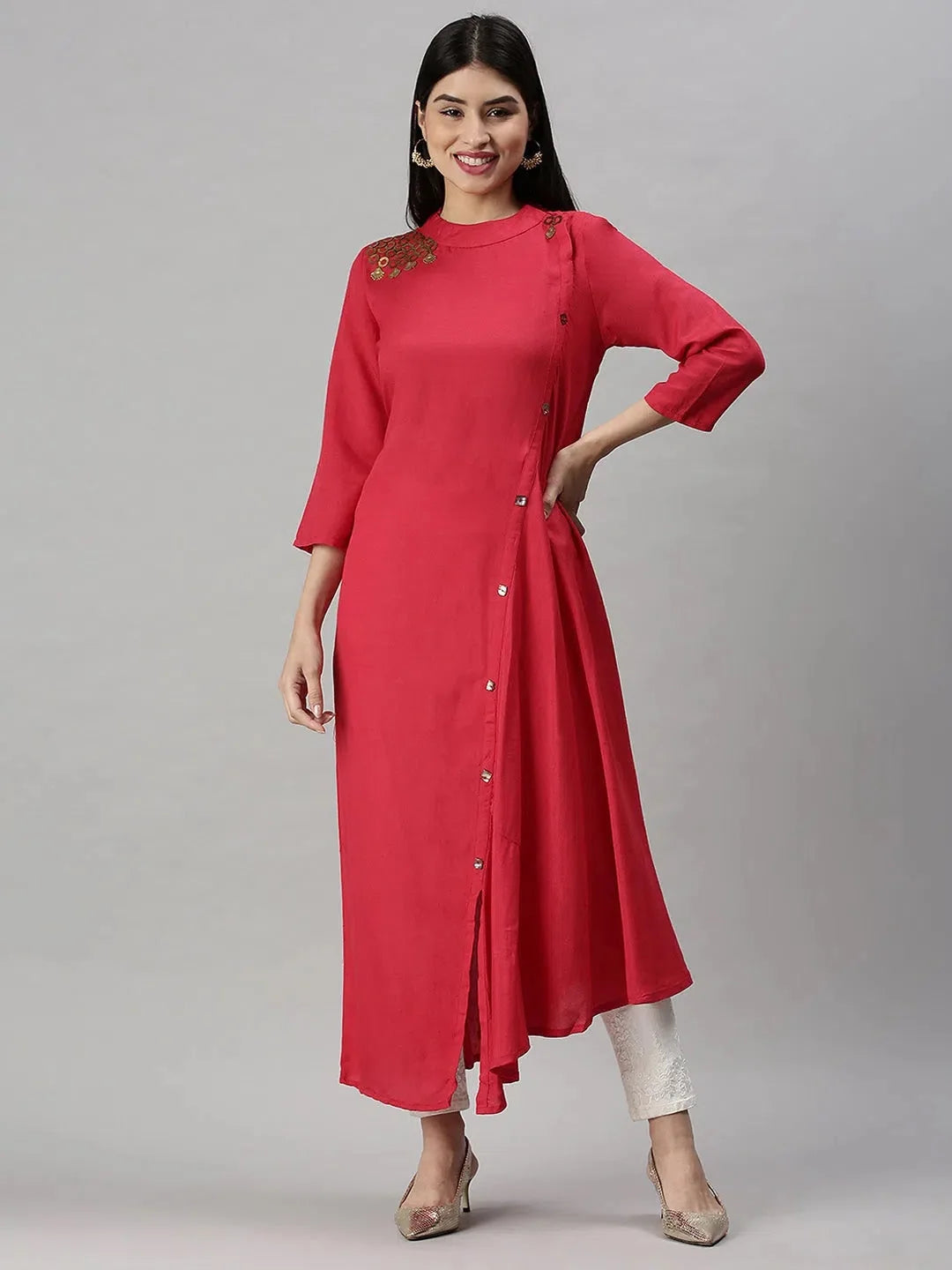 Pink Solid A-Line Kurta - Women's Indian Kurtis, Cotton Fabric