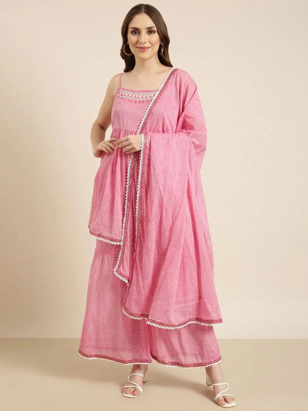 Pink Floral Anarkali Kurta Sharara Set with Potli Bag