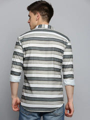 Men Green Striped Casual Shirt-LARGEPRINT-2087-Olive
