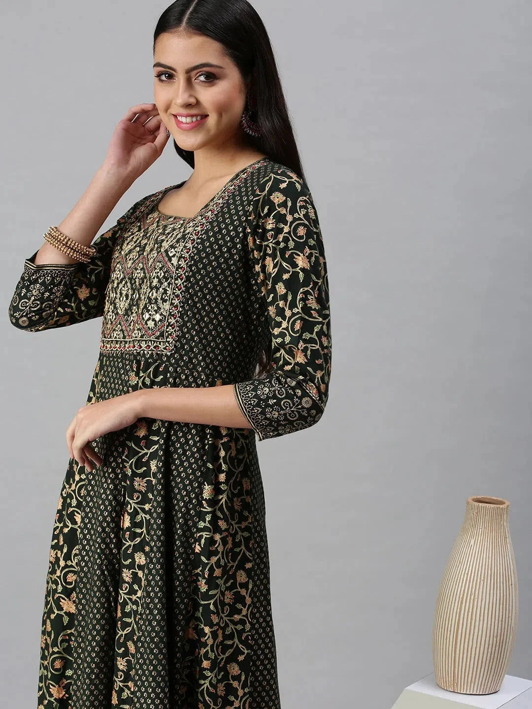Green & Gold Printed Anarkali Kurta | Anarkali Gown for Women