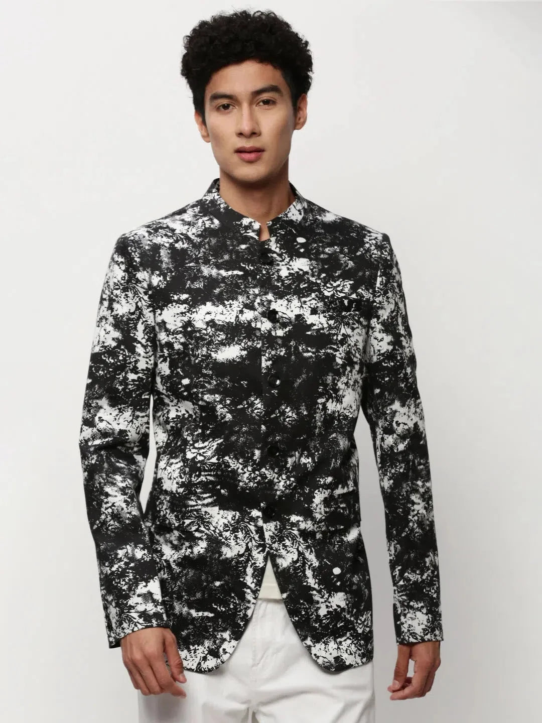 Men's Black Printed Casual Blazer | Ethnic Nehru Jacket Style