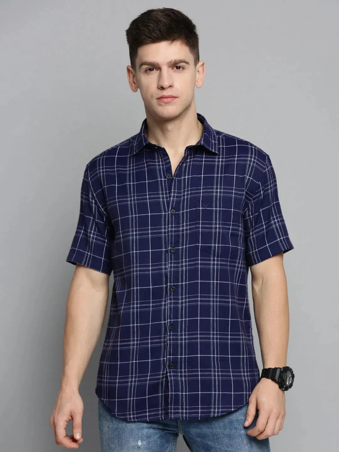 Men's Navy Checked Cotton Shirt | Casual & Stylish