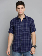 Men Navy Checked Casual Shirt-MAYACHECKS-44132-Navyblue