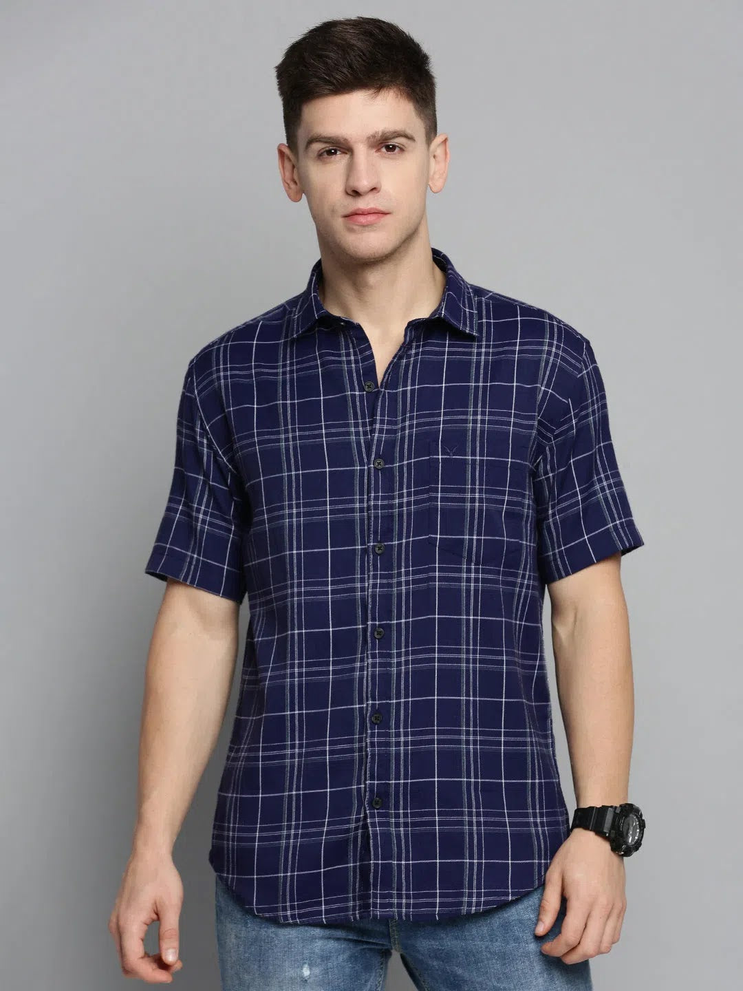 Men's Navy Checked Cotton Shirt | Casual & Stylish