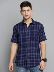 Men Navy Checked Casual Shirt-MAYACHECKS-44132-Navyblue