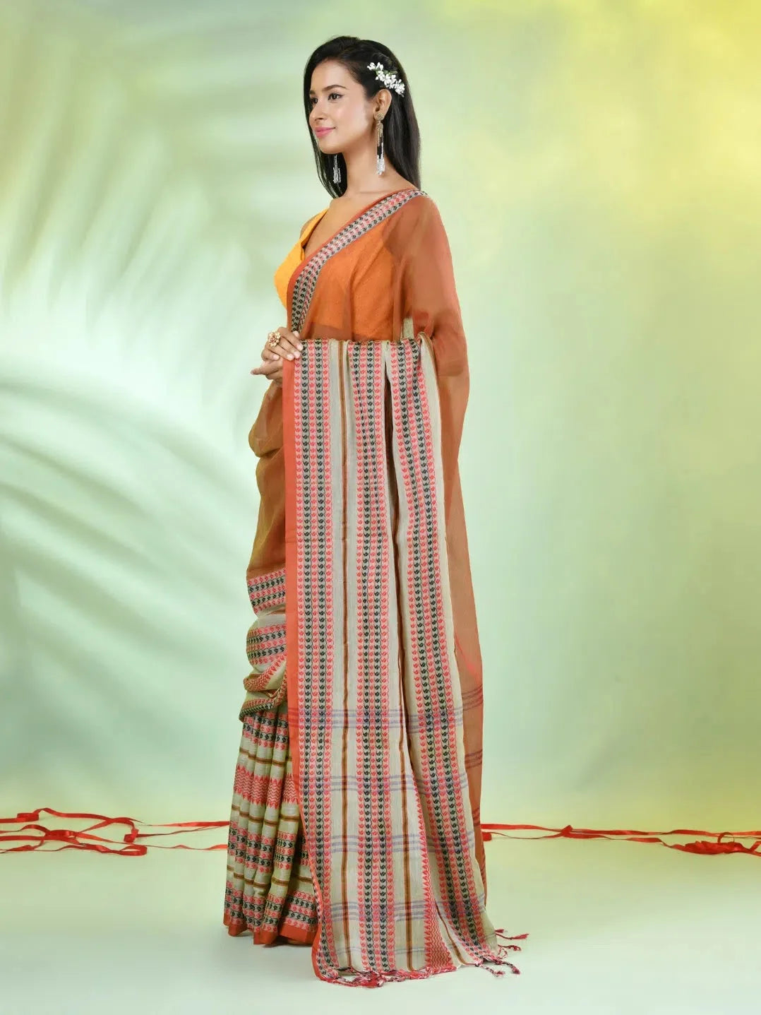 Ochre Yellow Cotton Saree with Nakshi Border | Indian Sarees