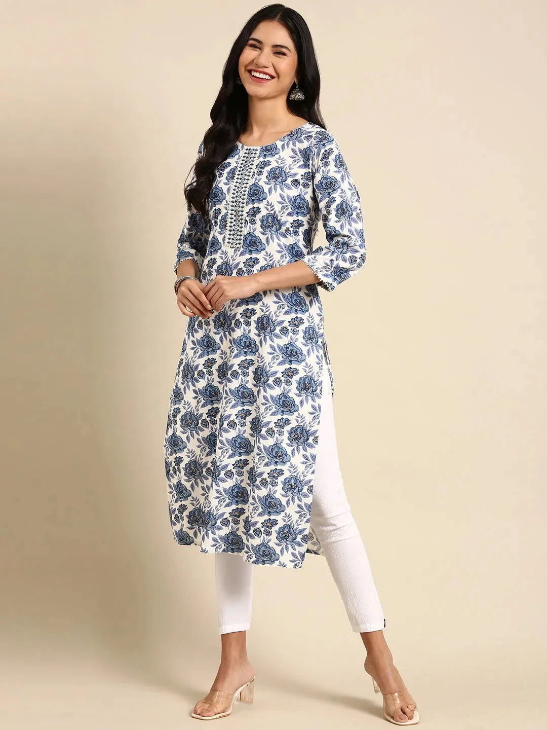 White Printed Indian Kurta for Women | Cotton Kurtis Online