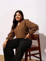 Women Brown Sleeve Ruffle Detail Top