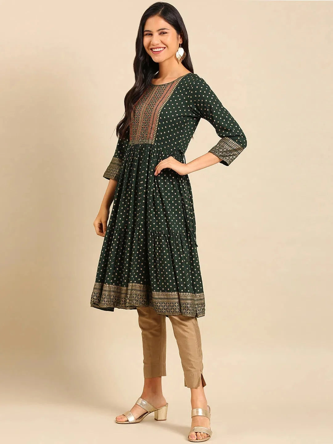 Green Printed Anarkali Kurta - Cotton Anarkali Kurti for Women