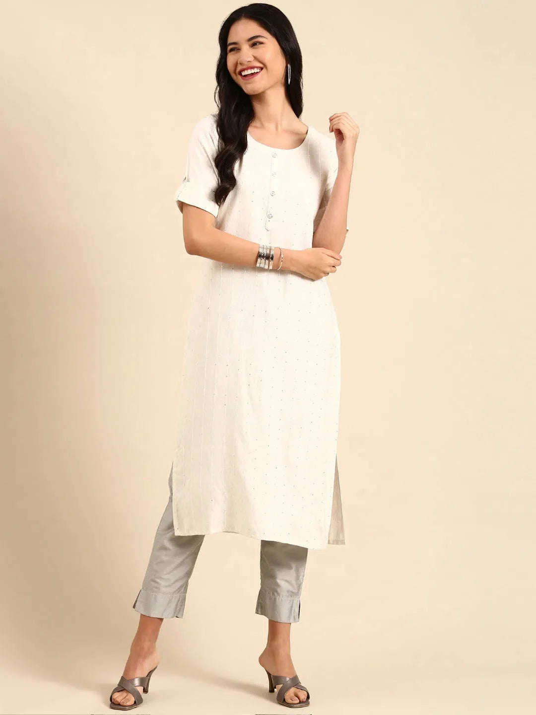 White Cotton Indian Kurta - Solid Kurti for Women | DesiQlo