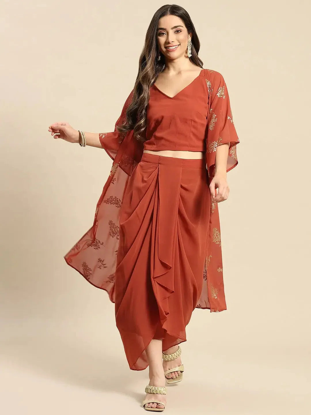 Rust Shrug Set: Crop Top & Skirt - Designer Lehenga for Women