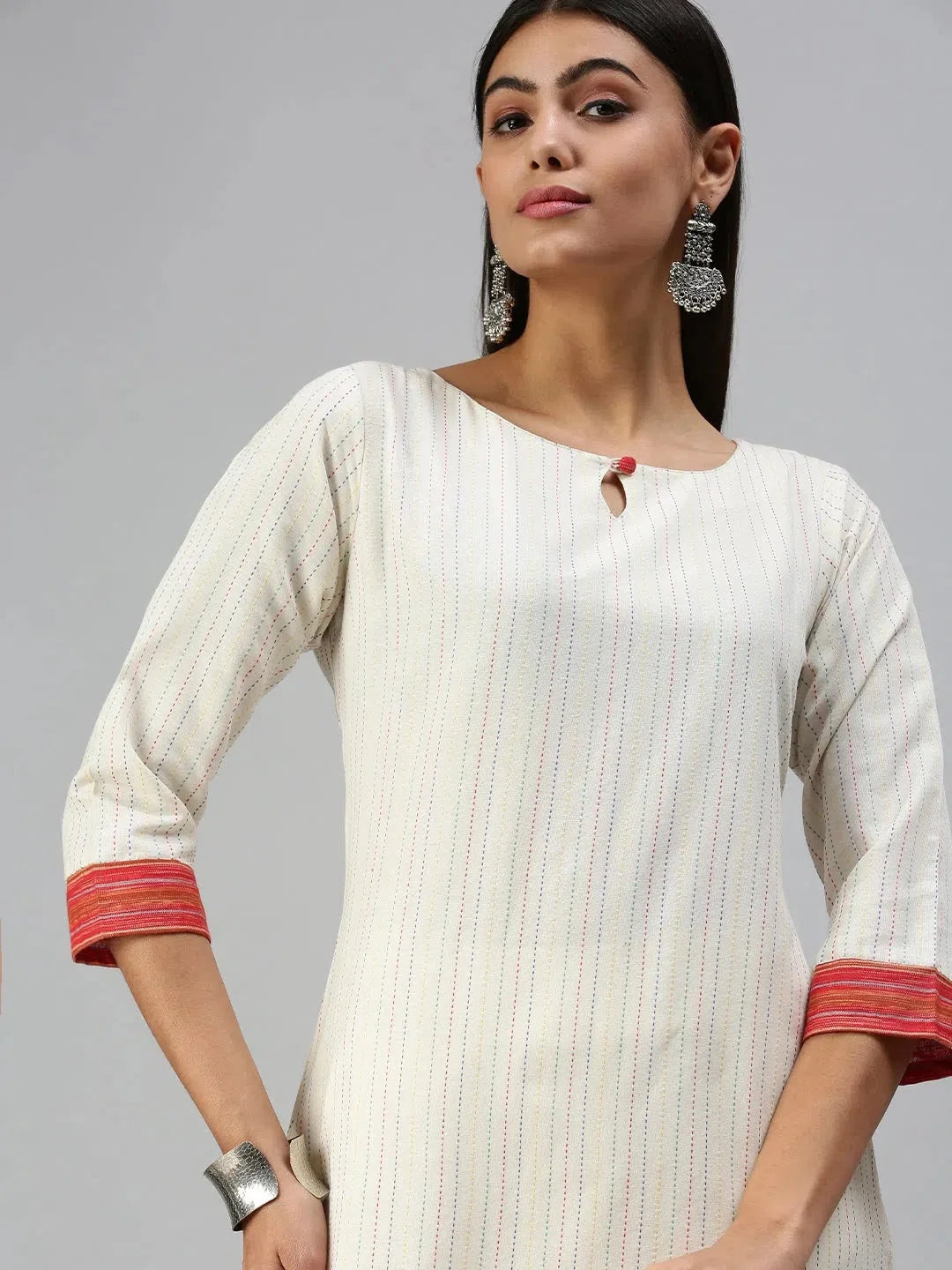 White Striped Straight Kurta - Cotton Indian Kurta for Women