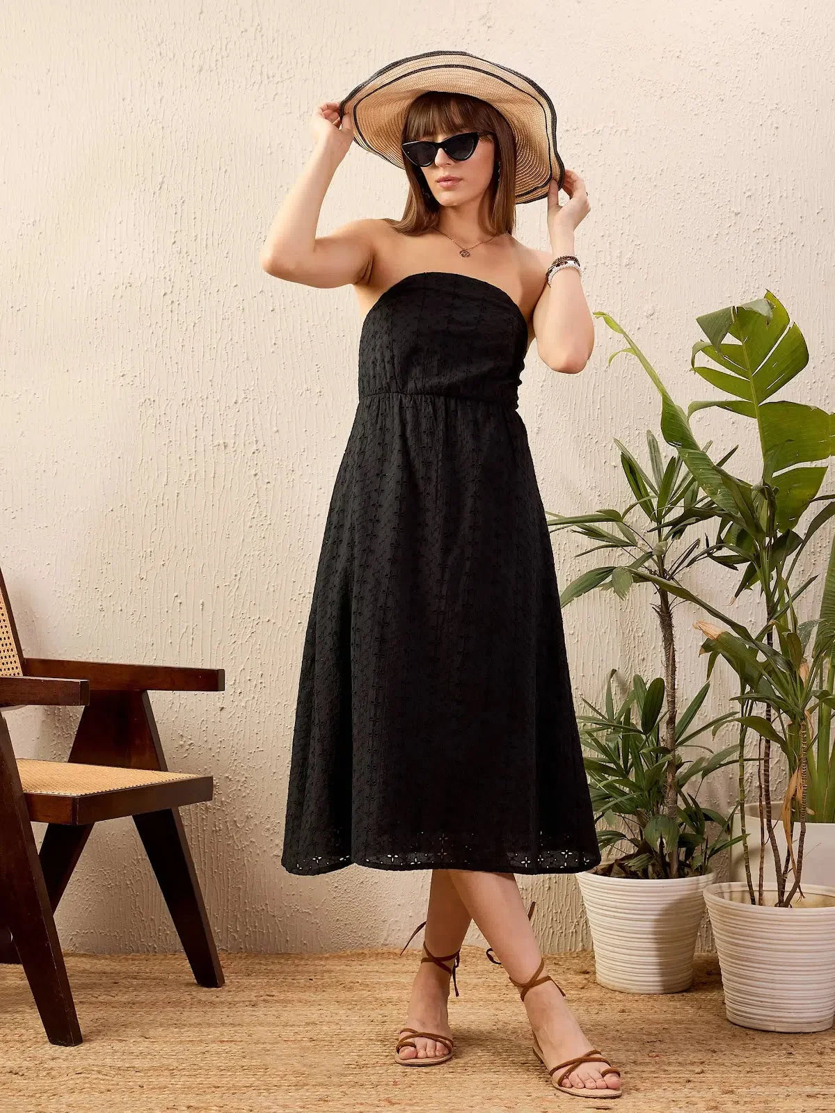 Black Schiffli Corset Midi Dress | Women's A-Line Cotton Dress