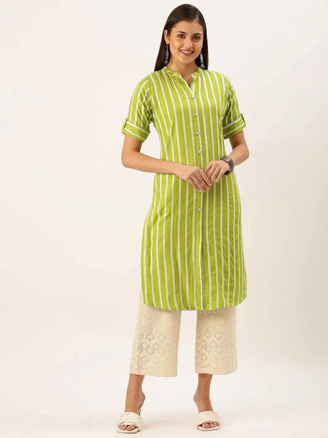 Green Striped Cotton Kurta | Women's Indian Kurta by DesiQlo
