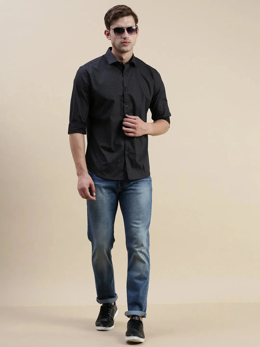 Black Geometric Mens Shirt | Trendy Cotton Printed Shirt