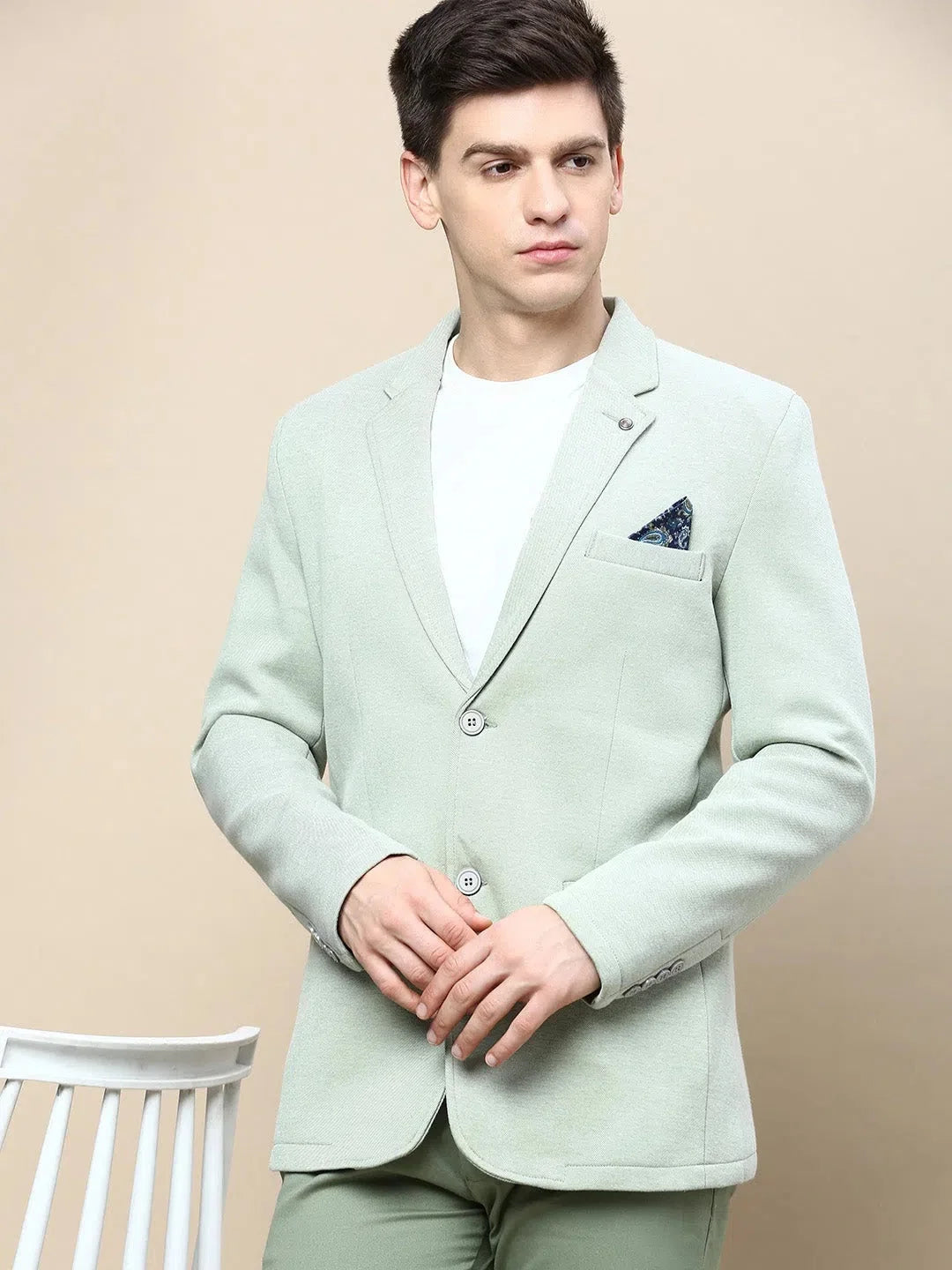 Green Solid Casual Blazer | Men's Nehru Collar - DesiQlo