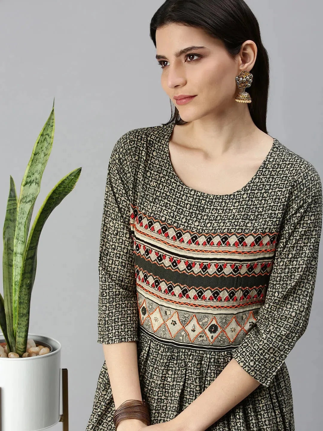 Olive Printed Cotton Anarkali Kurta | DesiQlo Anarkali Gown