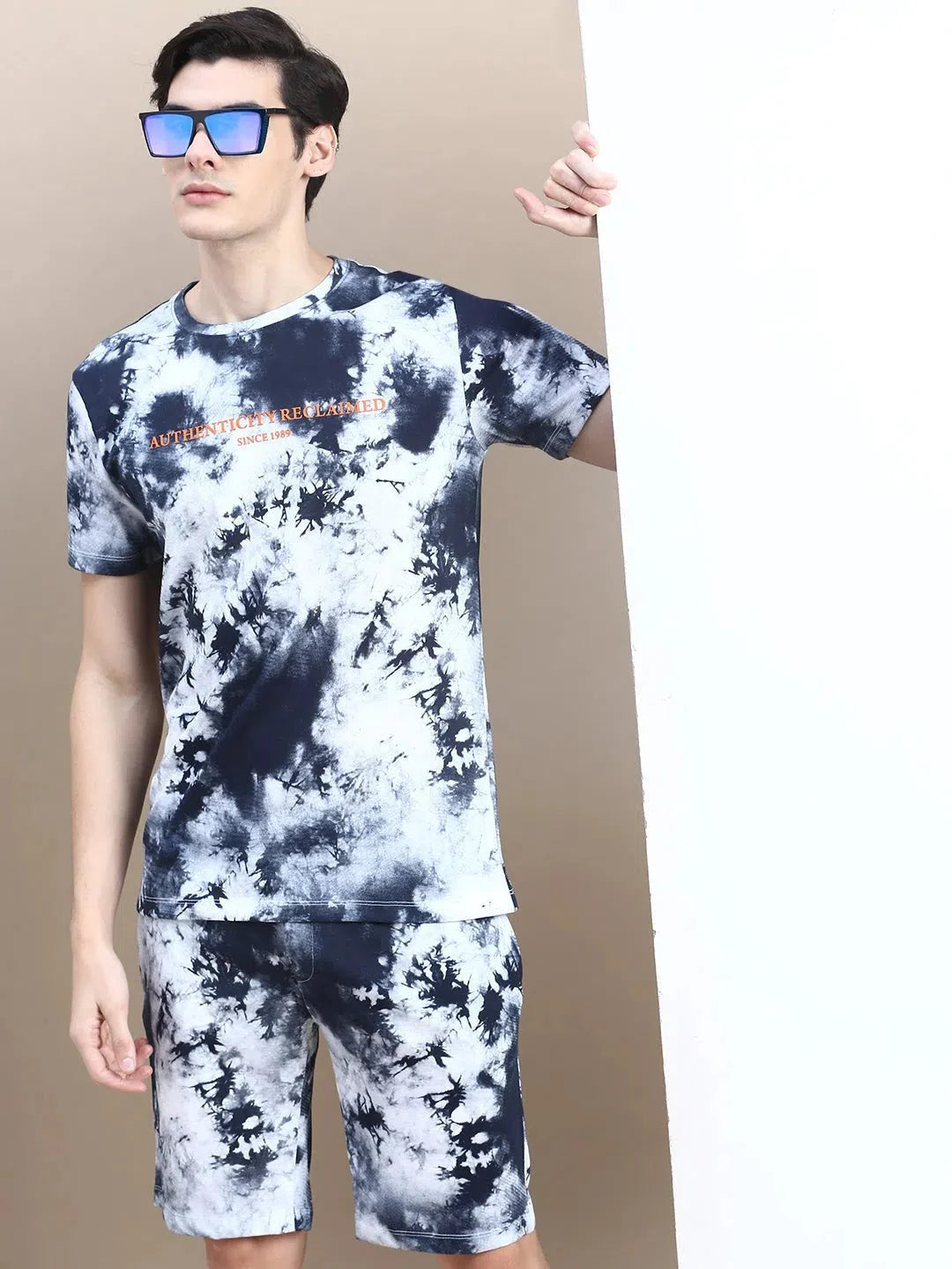 Men White Tie Dye Casual Co ord Set-EX-692-Whitenavyblue