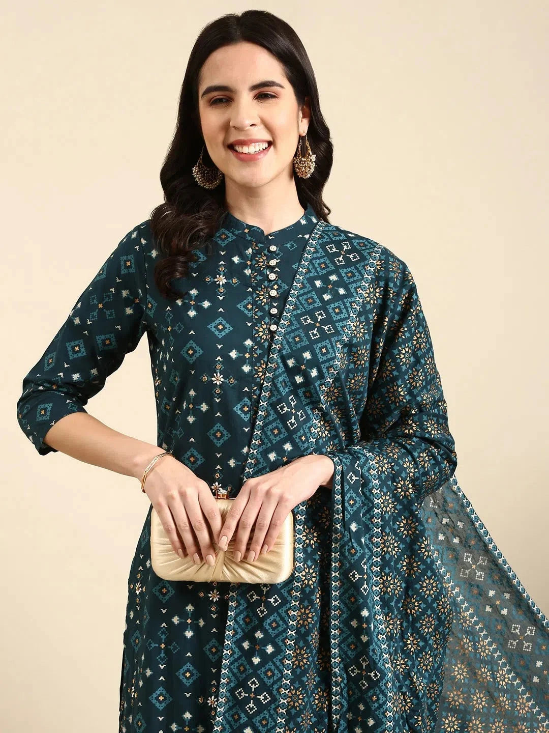 Teal Geometric Print Kurta Set for Women | Cotton Kurta Sets