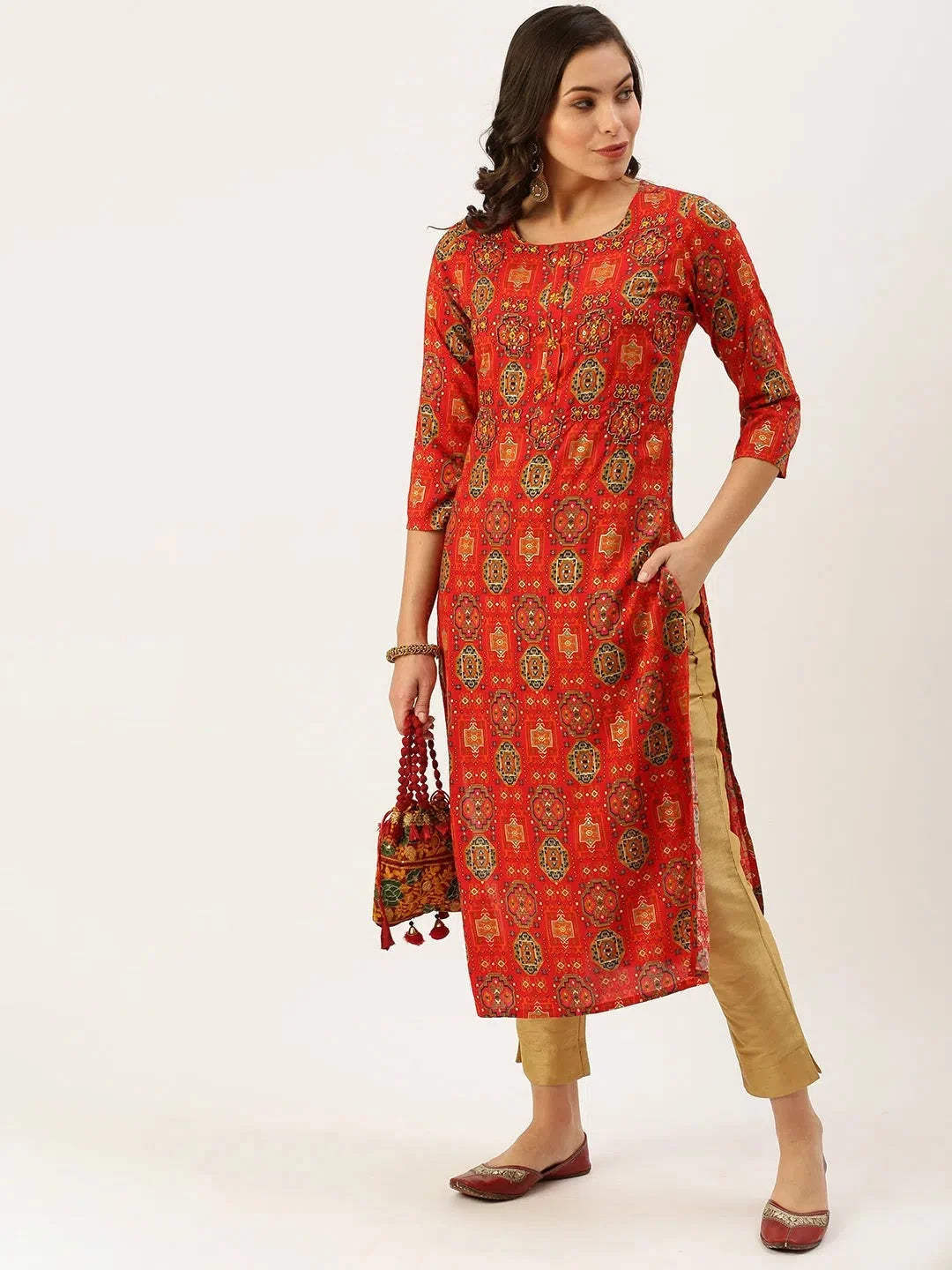 Red Printed Straight Kurtas - Women's Indian Kurta Collection