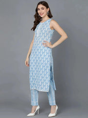 Women Blue Cotton Printed Straight Kurta Pant Set With Dupatta-VKSKD1454