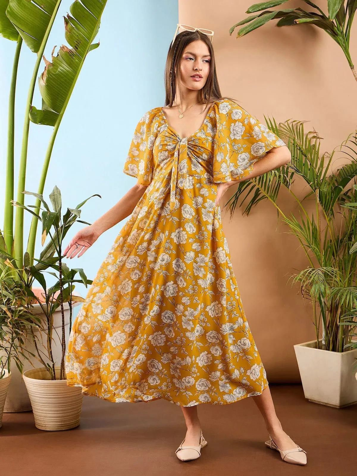 Women's Yellow Floral Midi Dress | Flared Hemline Design