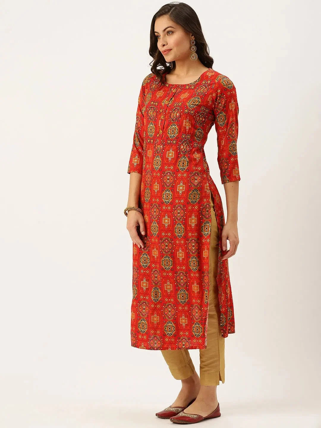 Red Printed Straight Kurtas - Women's Indian Kurta Collection