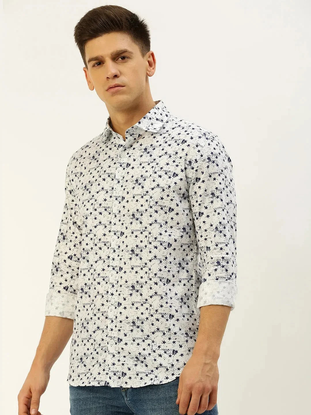White Printed Cotton Mens Shirt - Casual Stylish