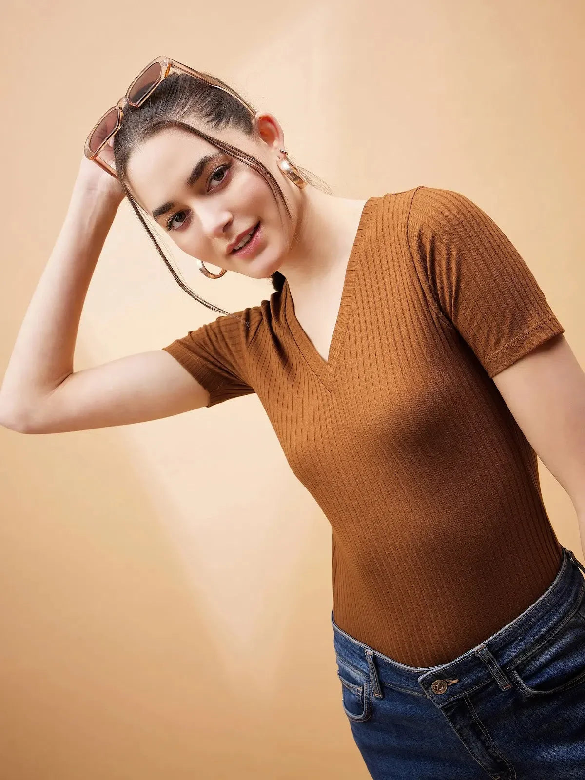 Brown Rib V-Neck Bodysuit | Women's Western Wear Outfits