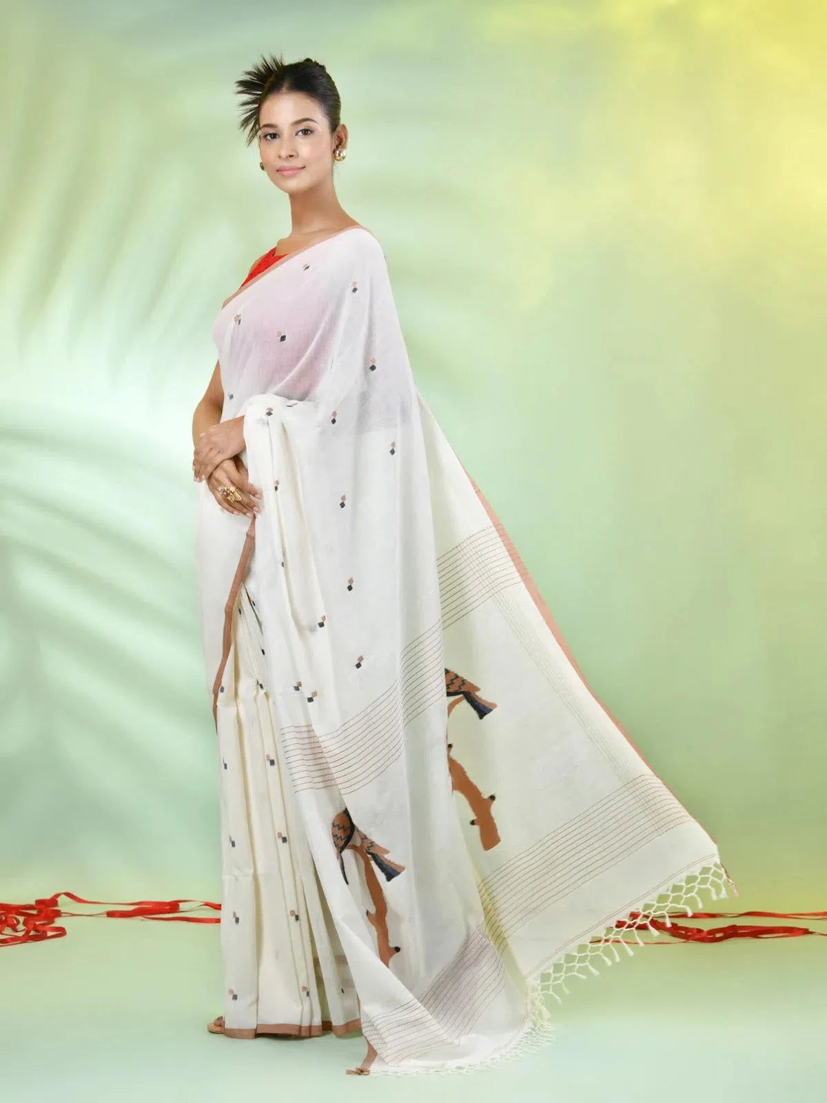 Off White Cotton Saree - Handwoven Bird Motifs | Indian Sarees