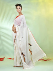 Beige Cotton Handwoven Saree With Bird Motifs-MA66CT431380018