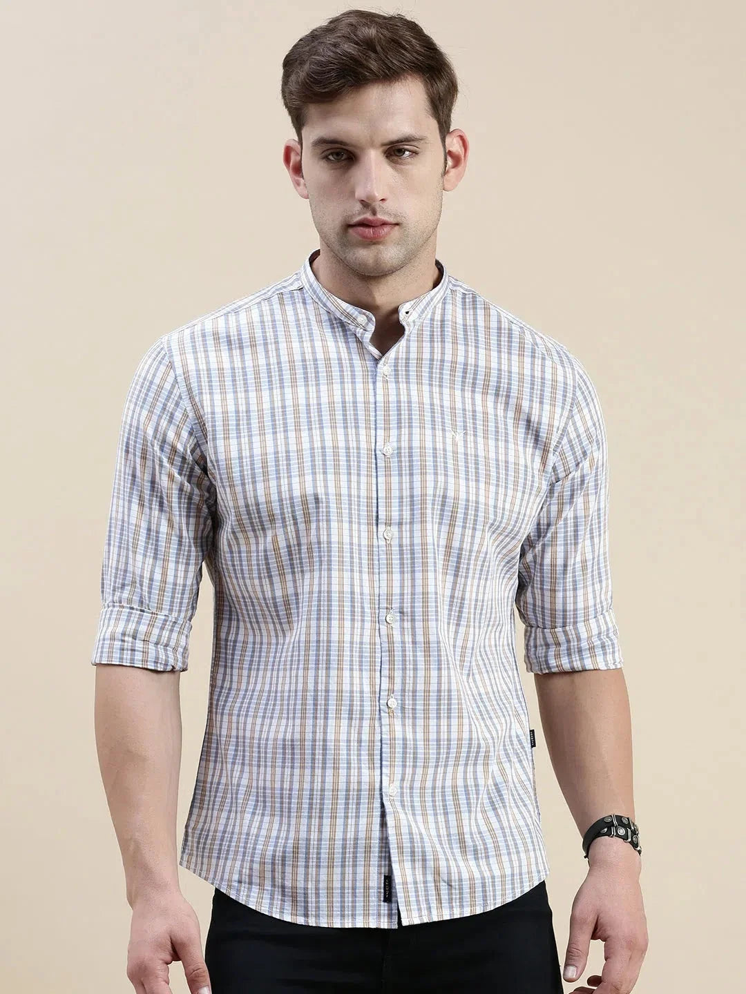 Cream Checked Mens Shirt | Cotton Casual & Formal Shirts