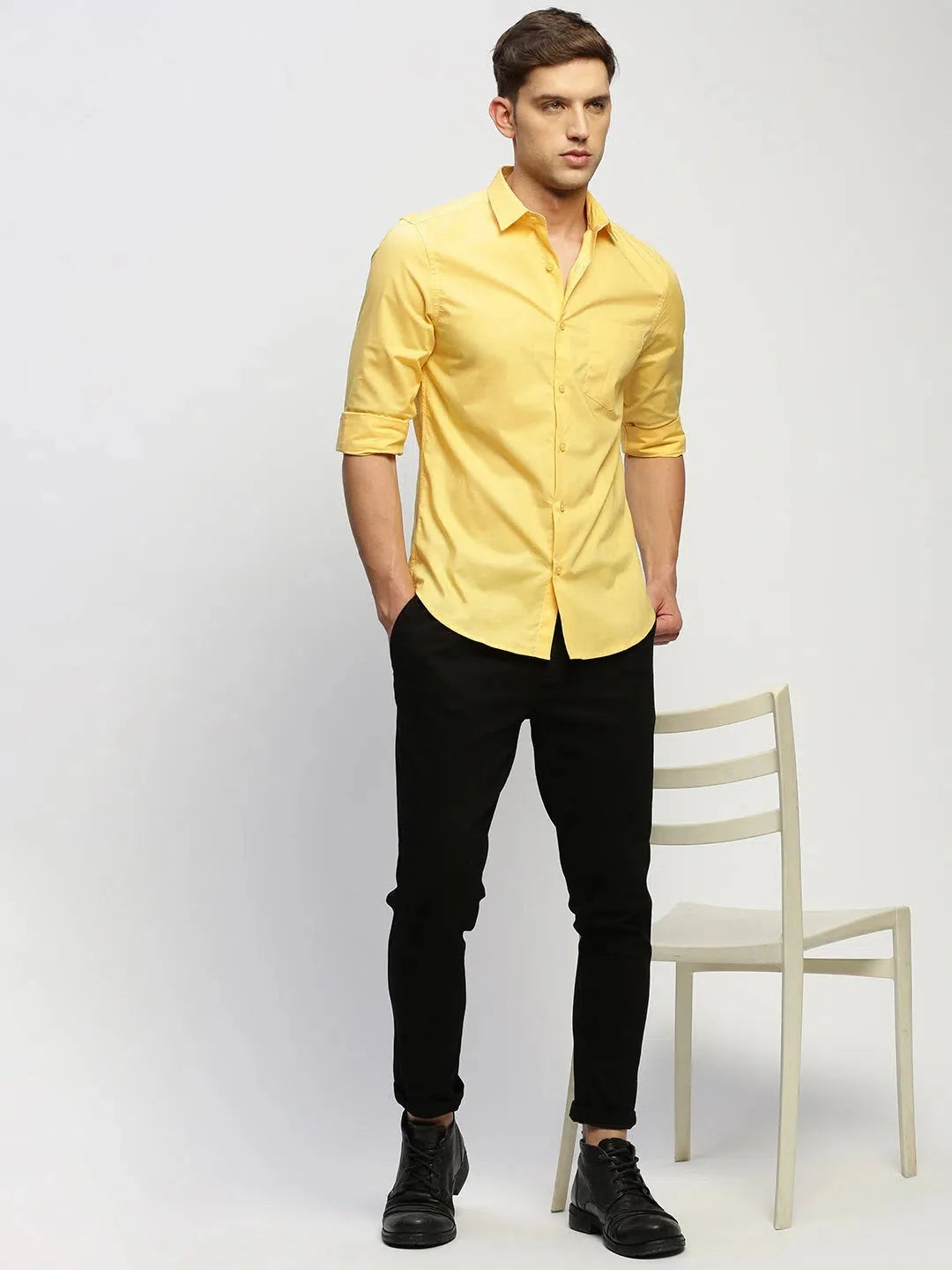 Yellow Cotton Mens Shirt | Solid Casual Shirt Online - DesiQlo