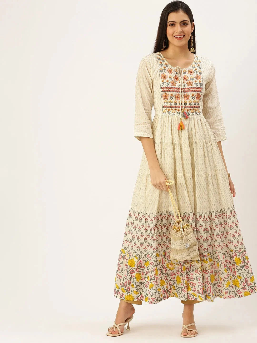 Beige Printed Cotton Anarkali Kurti for Women | DesiQlo