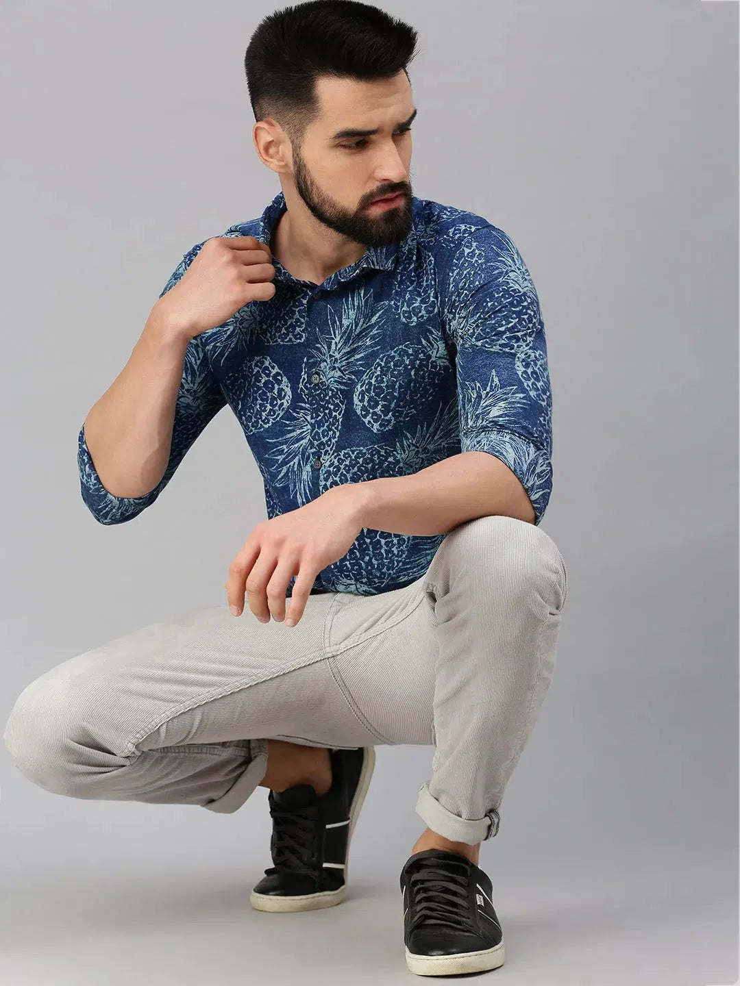 Blue Printed Mens Cotton Shirt - Casual & Stylish