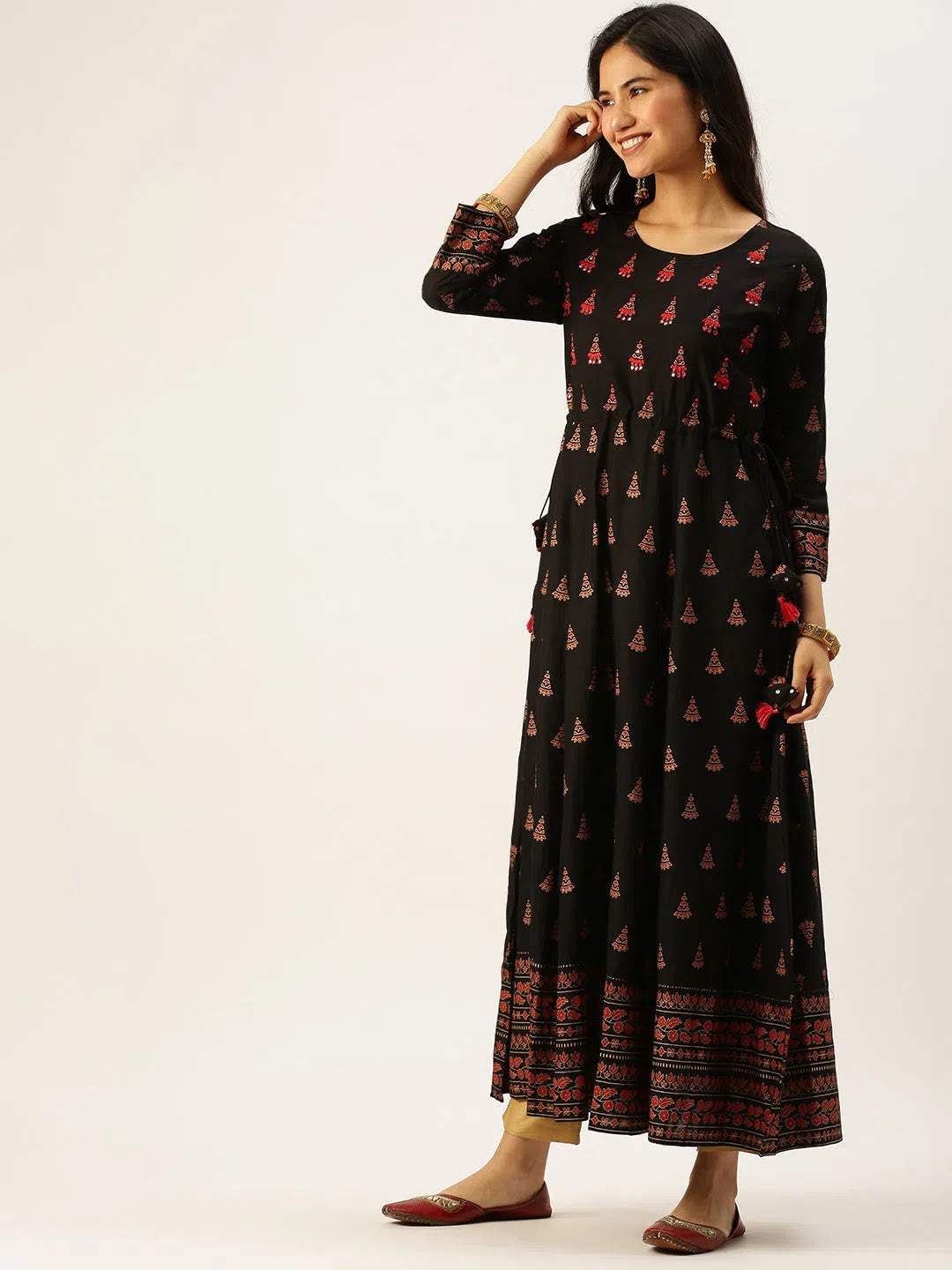 Elegant Black Embroidered Cotton A-Line Indian Kurta - DesiQlo