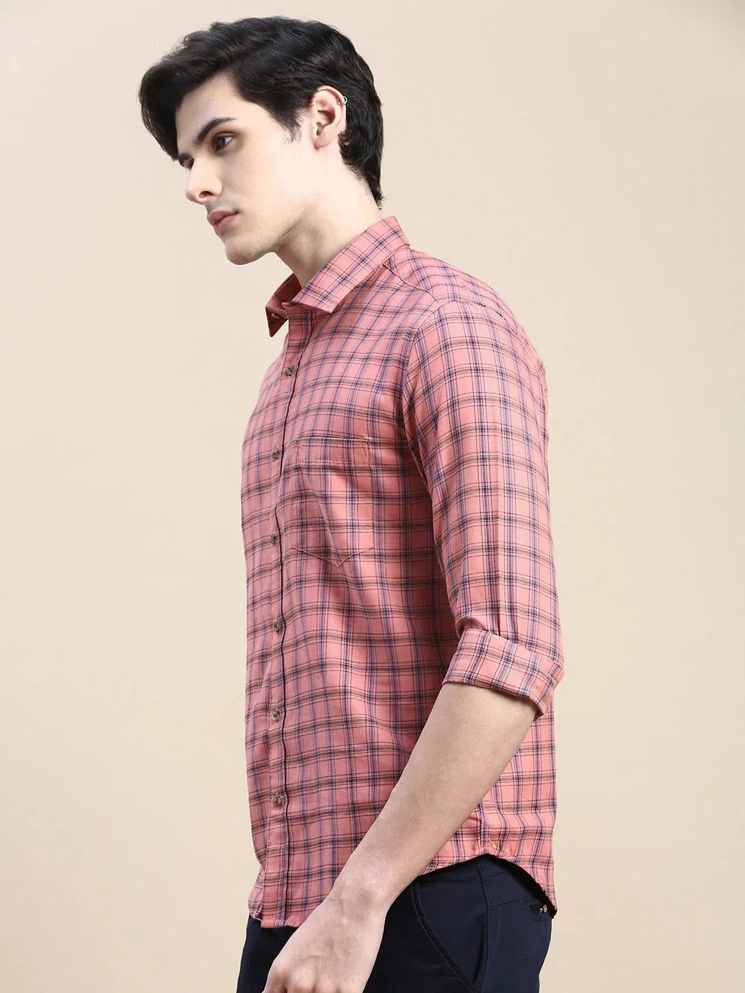 Coral Checked Cotton Mens Shirt - DesiQlo Casual Wear