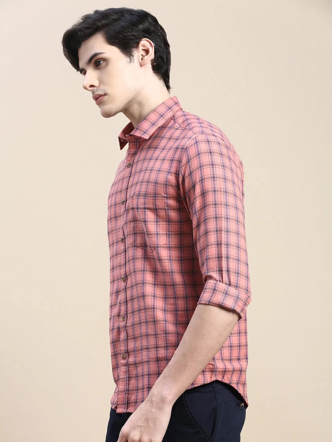 Coral Checked Cotton Mens Shirt - DesiQlo Casual Wear