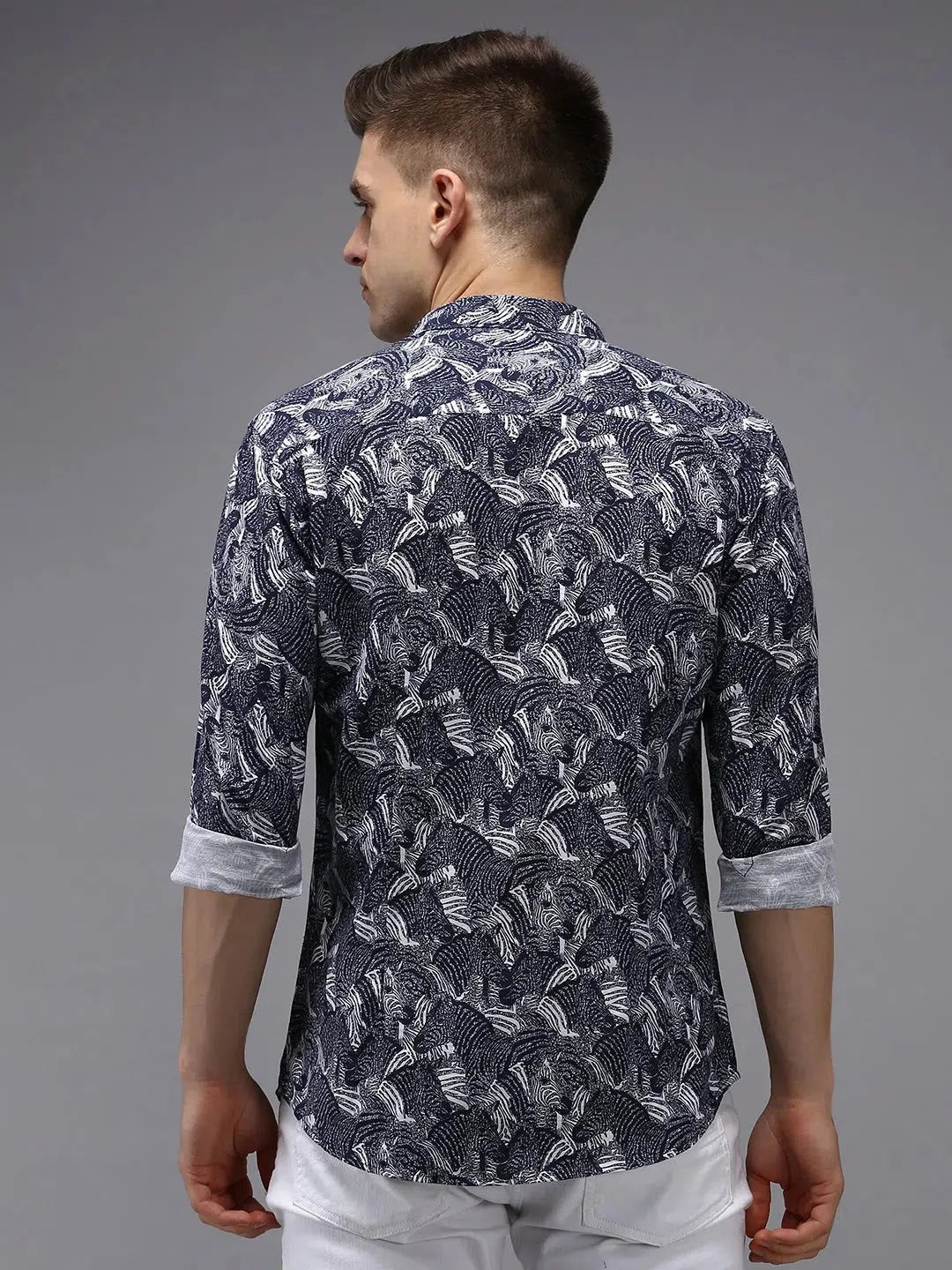 Men's Navy Printed Shirt - Cotton Casual Shirt | DesiQlo
