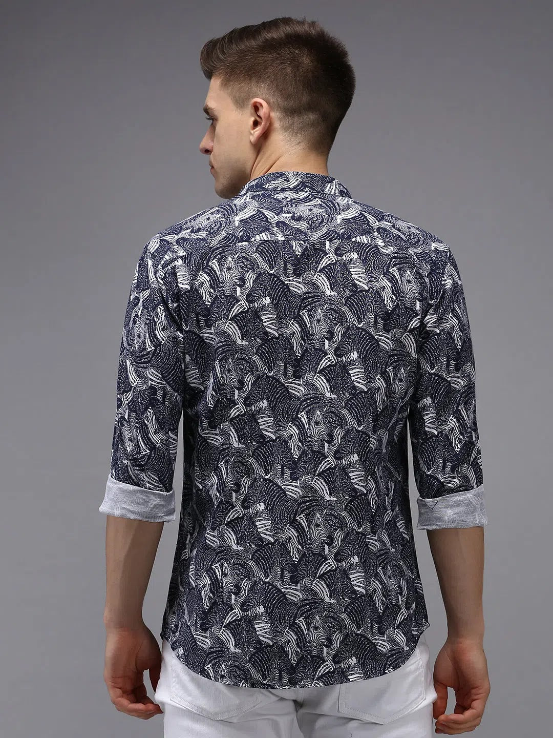 Men's Navy Printed Shirt - Cotton Casual Shirt | DesiQlo