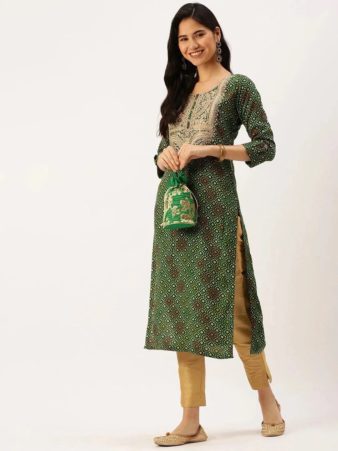 Green Printed Cotton Indian Kurtis - DesiQlo Women's Fashion