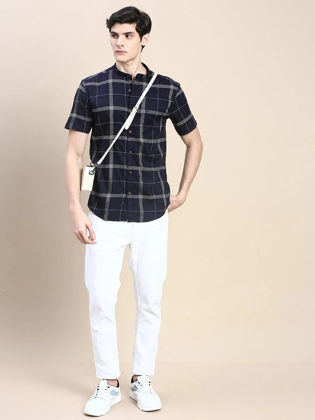 Men's Navy Checked Shirt - Cotton Casual Shirt | DesiQlo