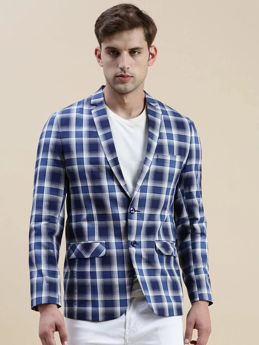 Blue Checked Cotton Blazer - Men's Ethnic Wear | DesiQlo
