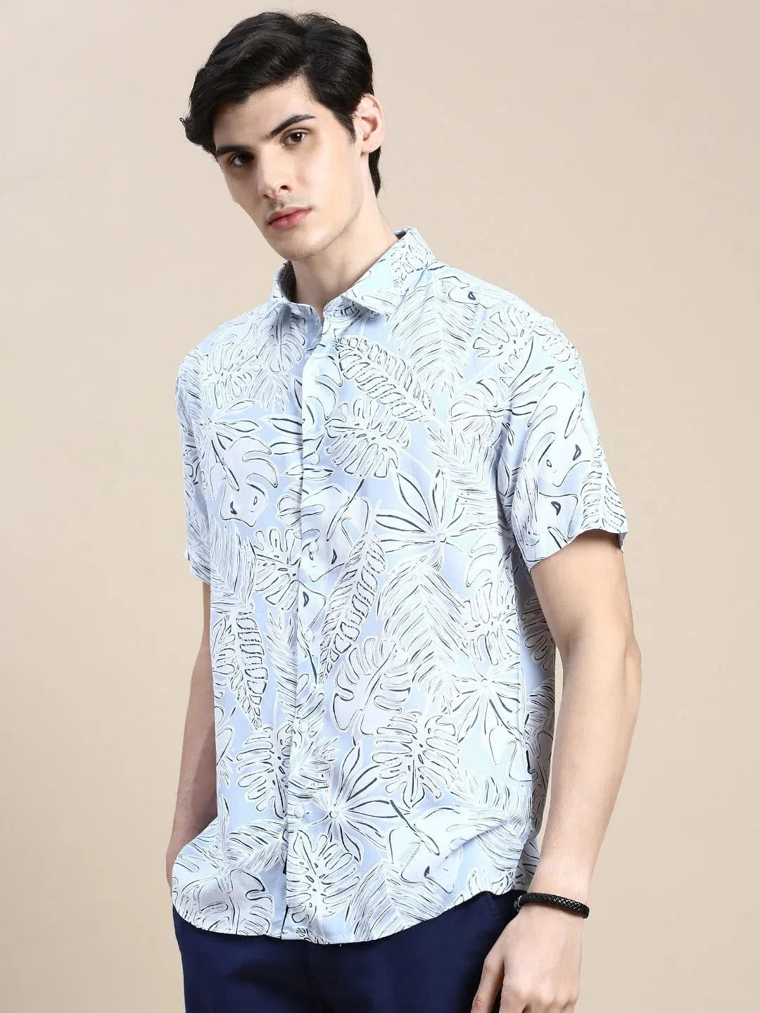 Men's Blue Floral Cotton Shirt | Casual Printed Shirt