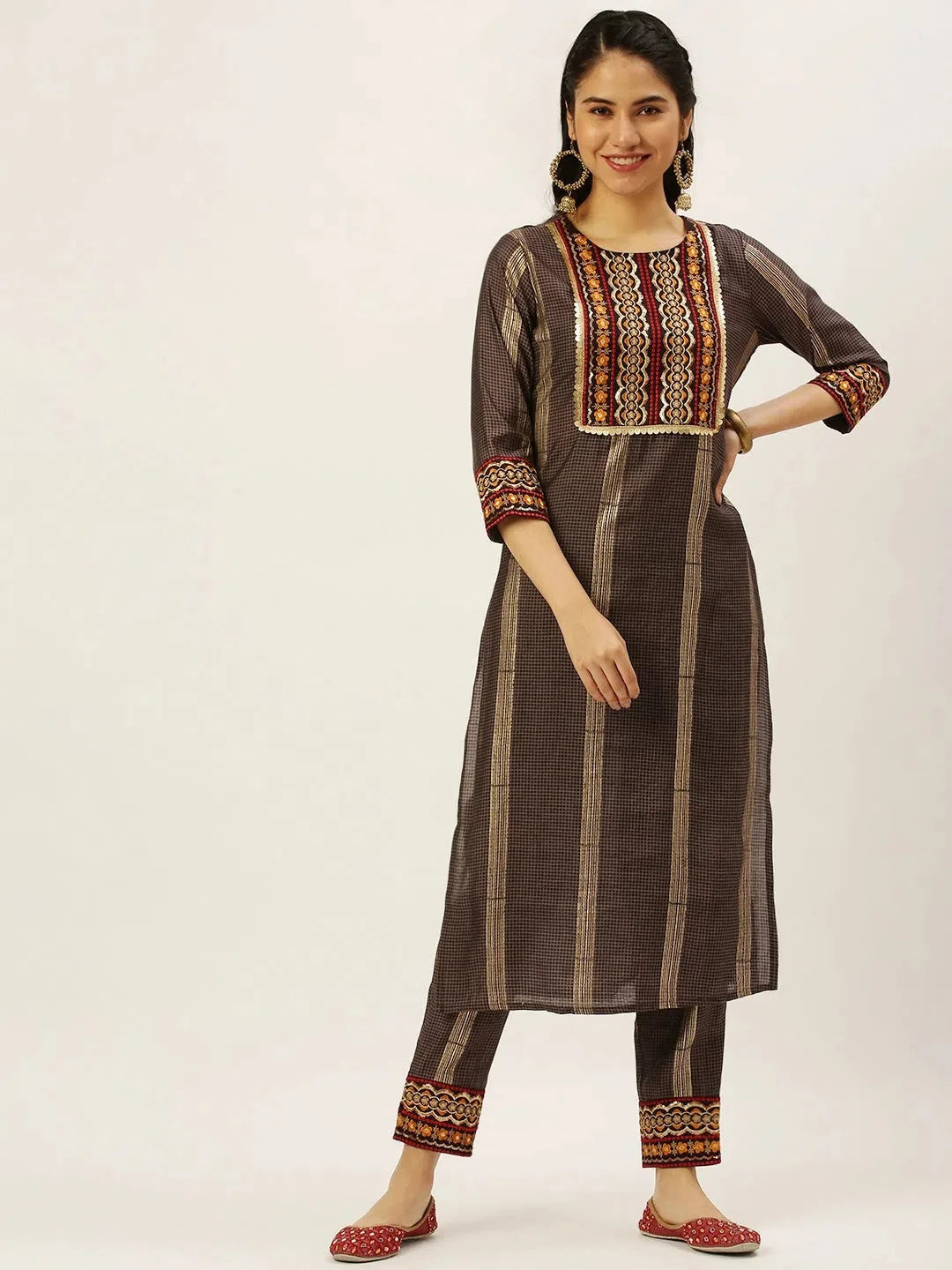 Women's Brown Printed Kurta Sets | Checkered Cotton Kurta Sets